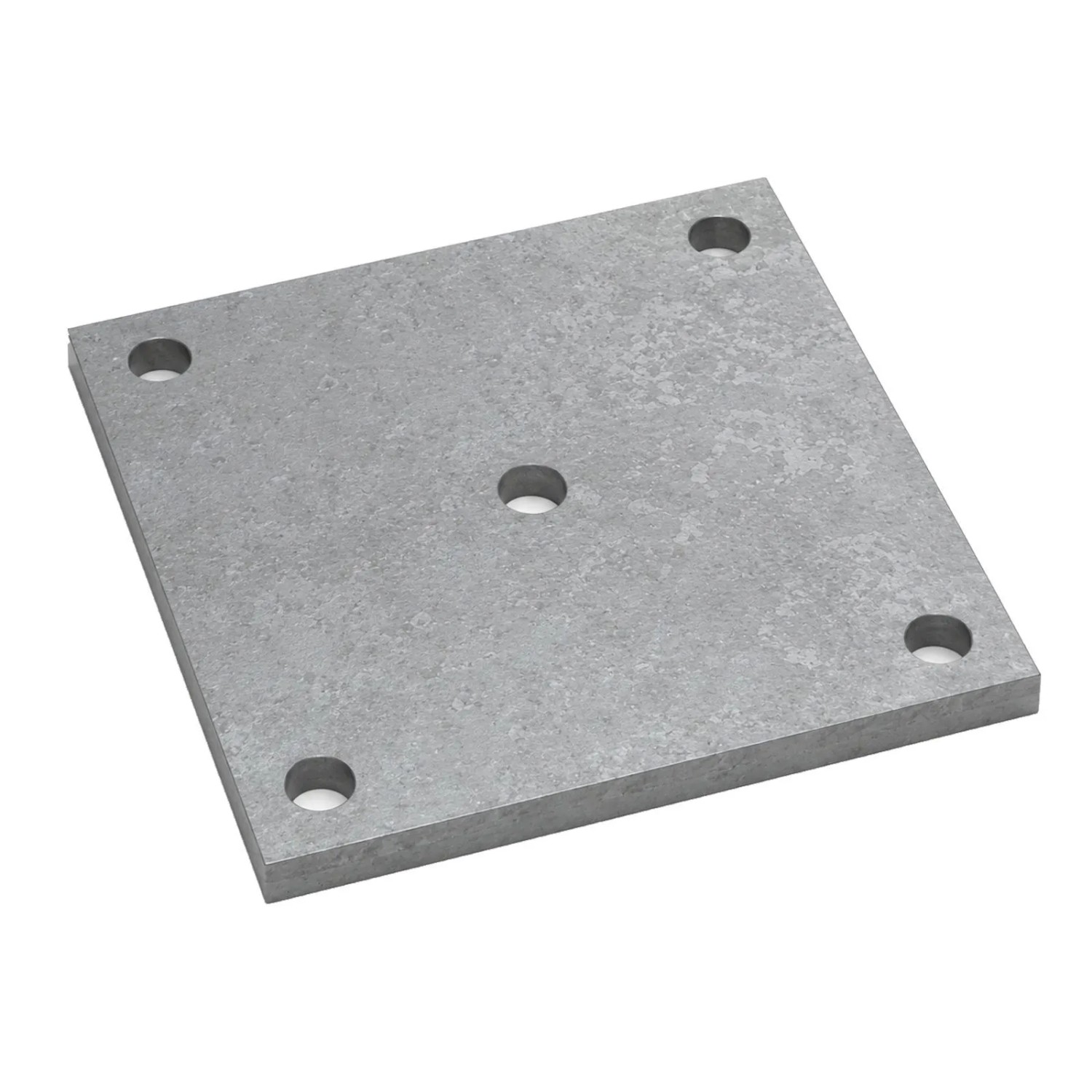 Graue, quadratische SOTECH Anschweißplatte aus Stahl, 150x150x8mm, mit 5 Befestigungslöchern für Pfostenträger.