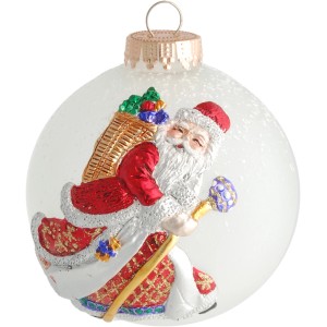 Weiße Weihnachtskugel mit 3D-Santa Dekor von Krebs Glas Lauscha, 10cm.