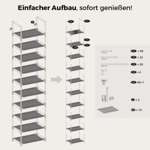 Aufbauanleitung für ein schwarzes 10-Ebenen Schuhregal aus Metall und Vliesstoff. Zeigt Einzelteile und Montage.