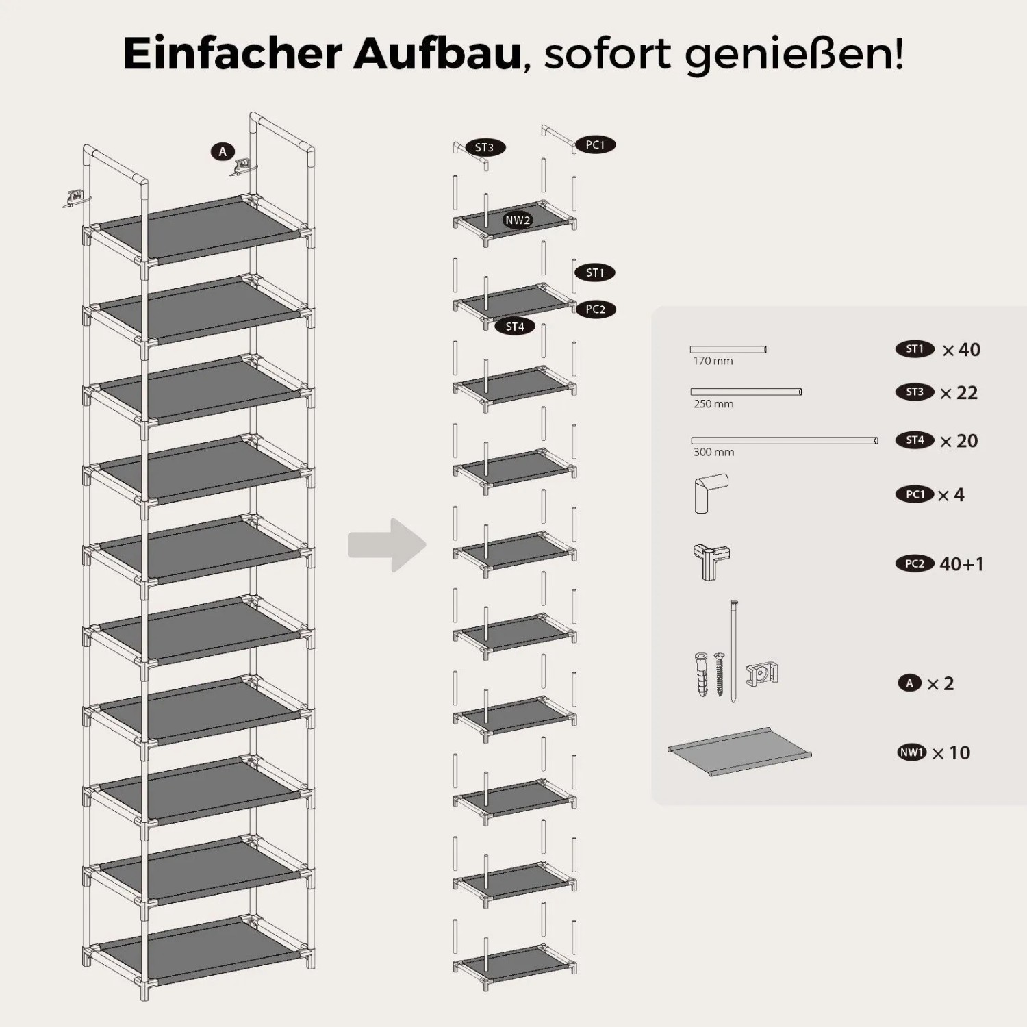 Aufbauanleitung für ein schwarzes 10-Ebenen Schuhregal aus Metall und Vliesstoff. Zeigt Einzelteile und Montage.