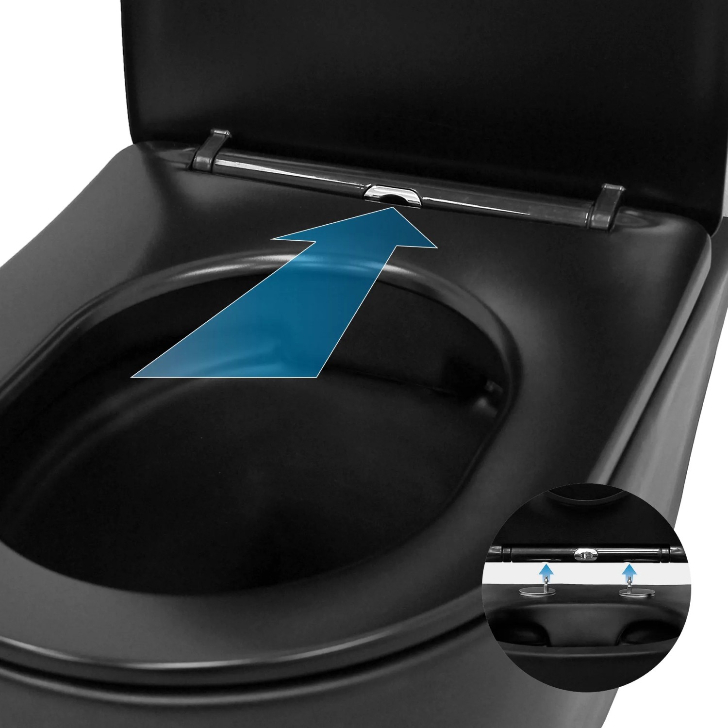 Detailaufnahme: ECD Germany Hänge WC, spülrandlos, schwarz matt, mit Softclose WC-Sitz, abnehmbar.