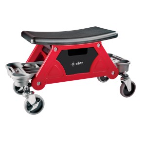 rikta Werkstatt-Rollsitz mit rotem Gestell, schwarzer Sitzfläche und Ablagefächern.