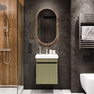 Planetmöbel COSMIA Waschtischunterschrank 50 cm Mintgrün Matt mit Keramikwaschbecken Tür LED Spiegel Armatur Gold Brush Soft Close
