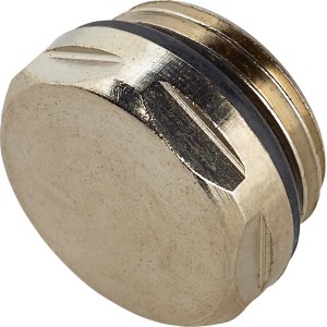 Nahaufnahme: Heizkörper Blindstopfen, 21 mm, aus vernickeltem Messing für Heizungs-Installation.
