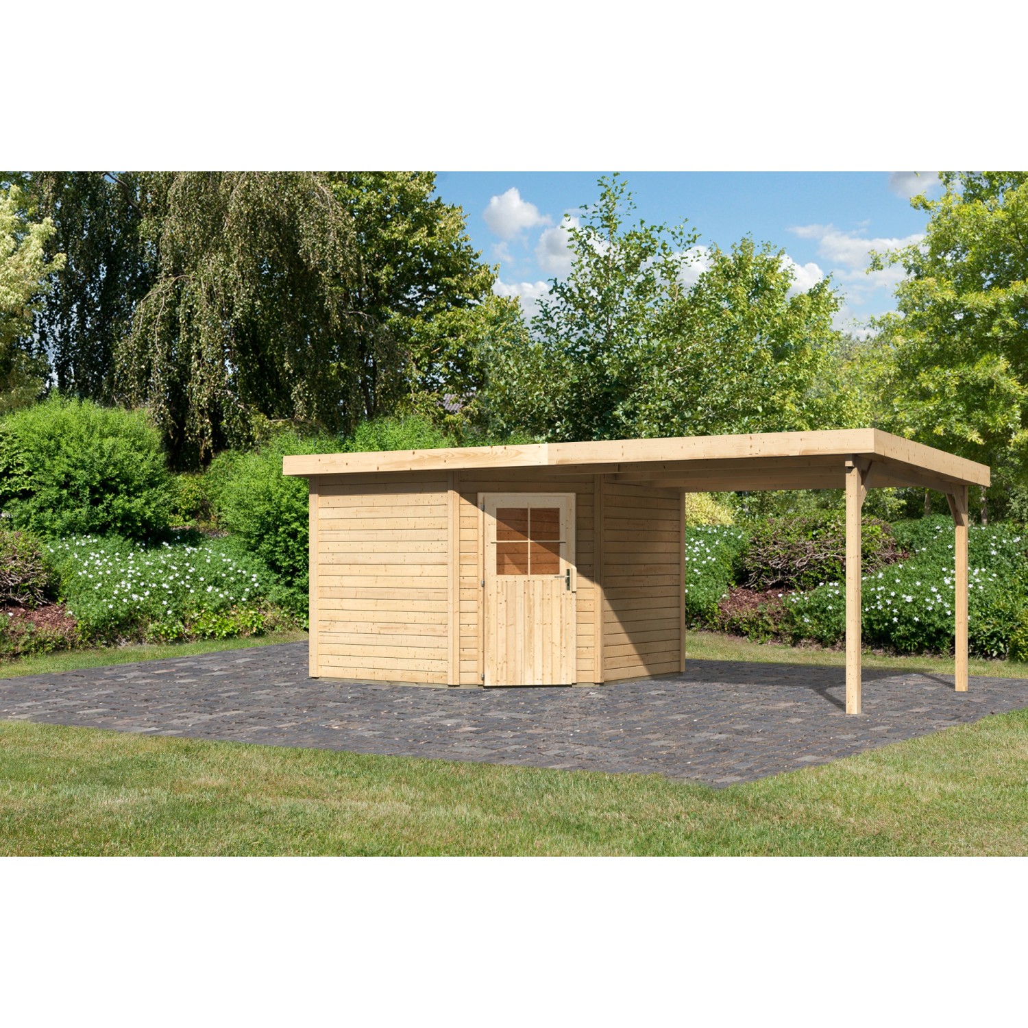 Karibu Holz-Gartenhaus Neuruppin Natur Flachdach Unbehandelt 270 cm x 270 c günstig online kaufen