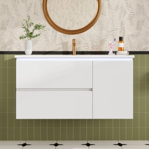 Weißer wandhängender Waschtisch mit Unterschrank, Keramik Waschbecken, LED Licht und zwei Schubladen. Modernes Badmöbel Set.
