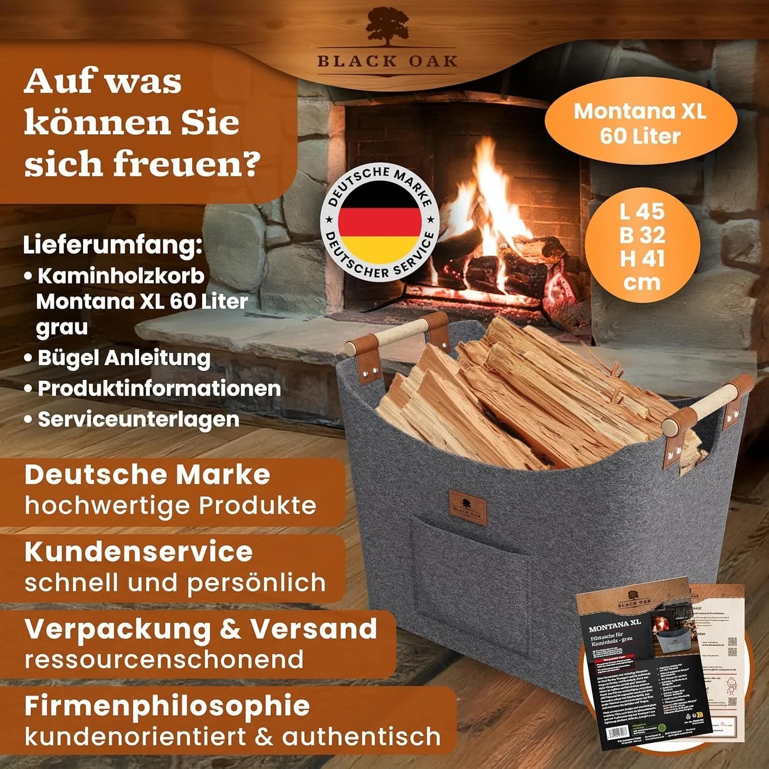 BLACK OAK Holzkorb MONTANA XL 60L Grau aus Filz mit Echtleder Applikationen – Kaminholzkorb für Brennholz Stabil mit Griffen Innenbereich_9