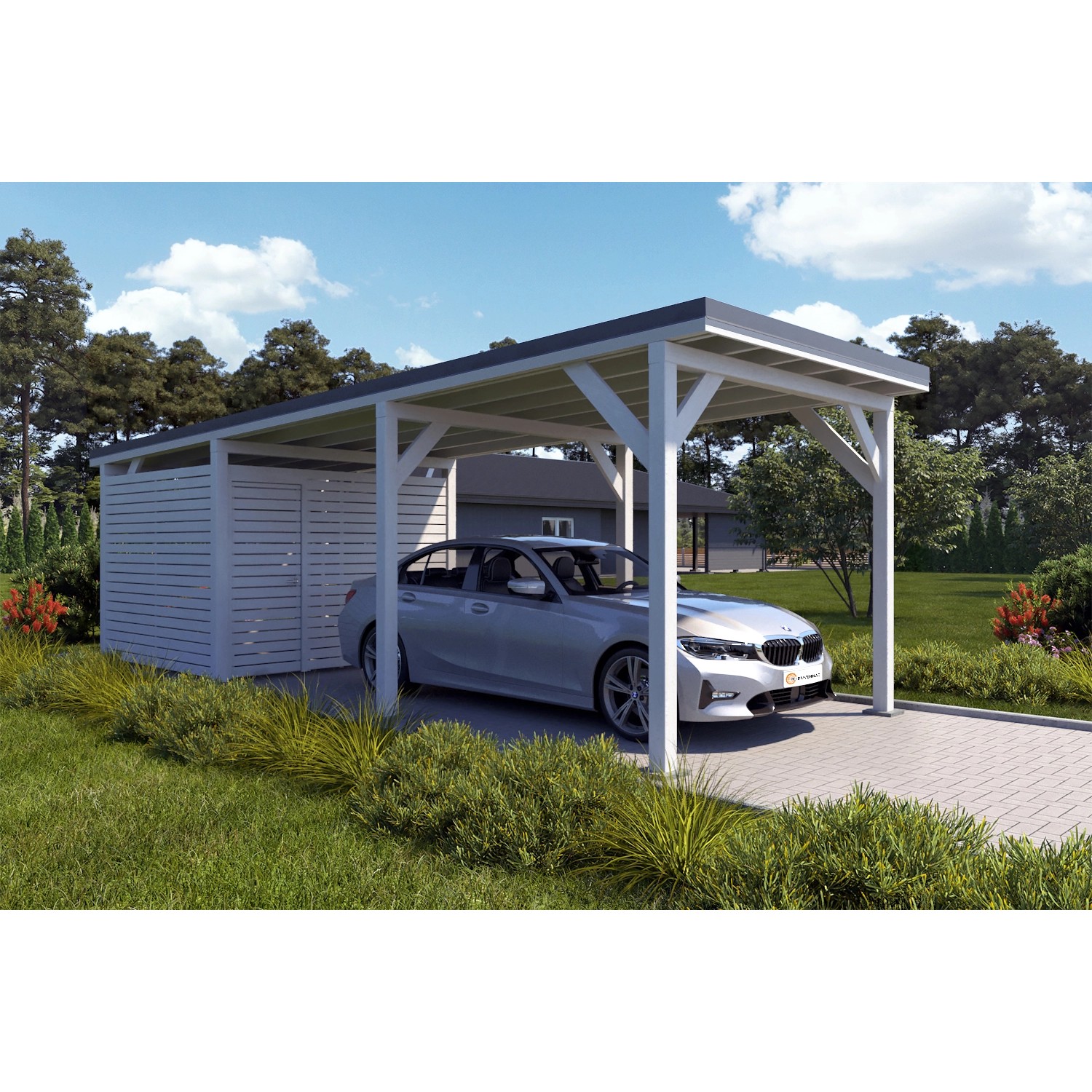 Holzbrüder Carport Ralf 26m² mit Geräteraum Reinweiß-Dunkelgrau günstig online kaufen