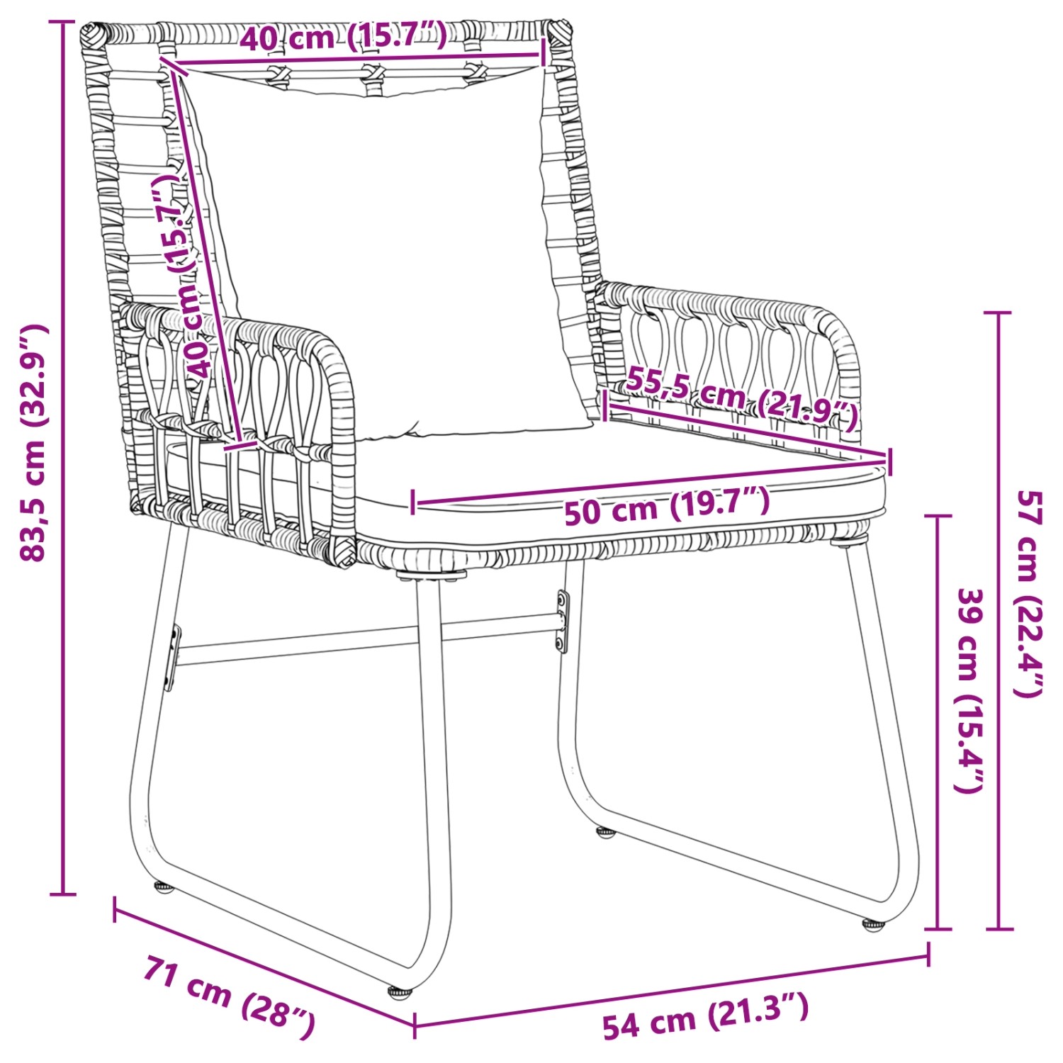 Skizze Garten Essgruppe: Rattan Stuhl mit Maßen. Ideal für Planung Ihrer Gartenmöbel.