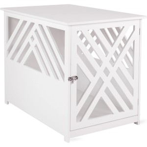 Weißer WONDERMAKE Design Hundekäfig Schrank cavea1 aus Holz mit dekorativer Leisten-Optik.