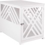 Weißer WONDERMAKE Design Hundekäfig Schrank cavea1 aus Holz mit dekorativer Leisten-Optik.