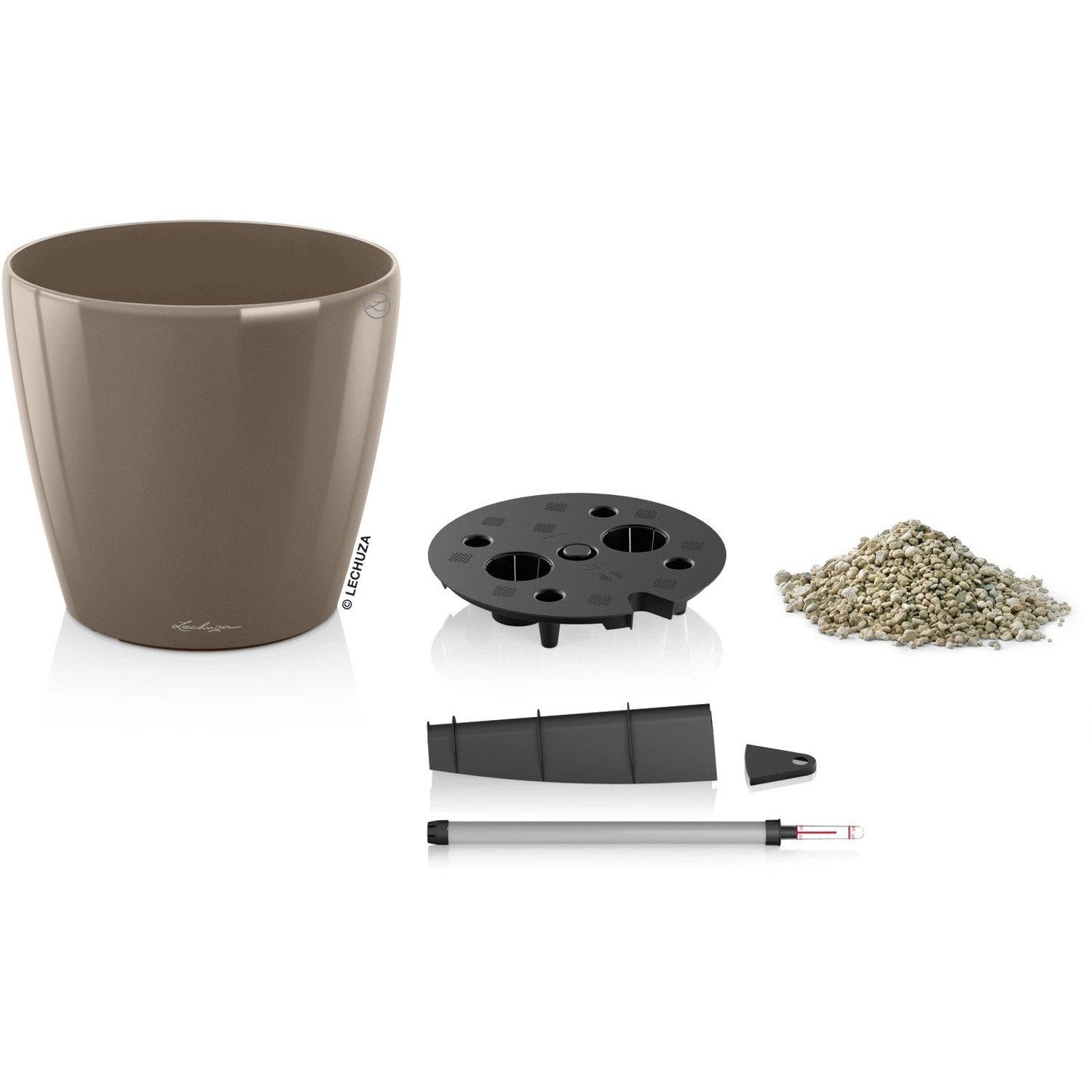 Lechuza Classico Premium Pflanzgefäß, Ø 60cm, Taupe hochglanz, mit Zubehör für Bewässerungssystem.