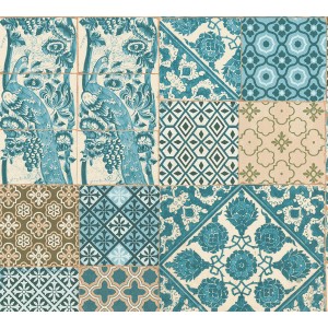 Vliestapete mit Fliesenmuster in Blau und Grün, matte Oberfläche, leicht strukturiert.