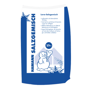Blauer 25 kg Sack Streusalz Lava-Salzgemisch mit Schneemann-Motiv. Effektive Auftauwirkung für Eis & Schnee, erhöht Griffigkeit.