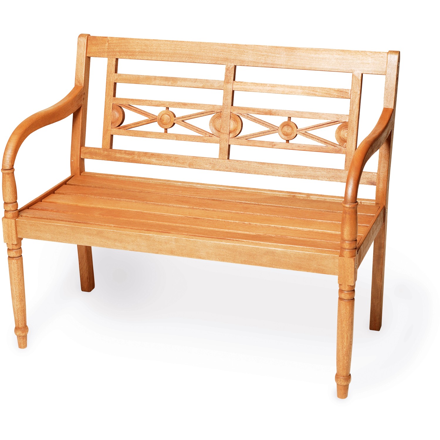 Gartenbank Havann 2-Sitzer aus Eukalyptusholz mit handgedrechselten Ornamenten.