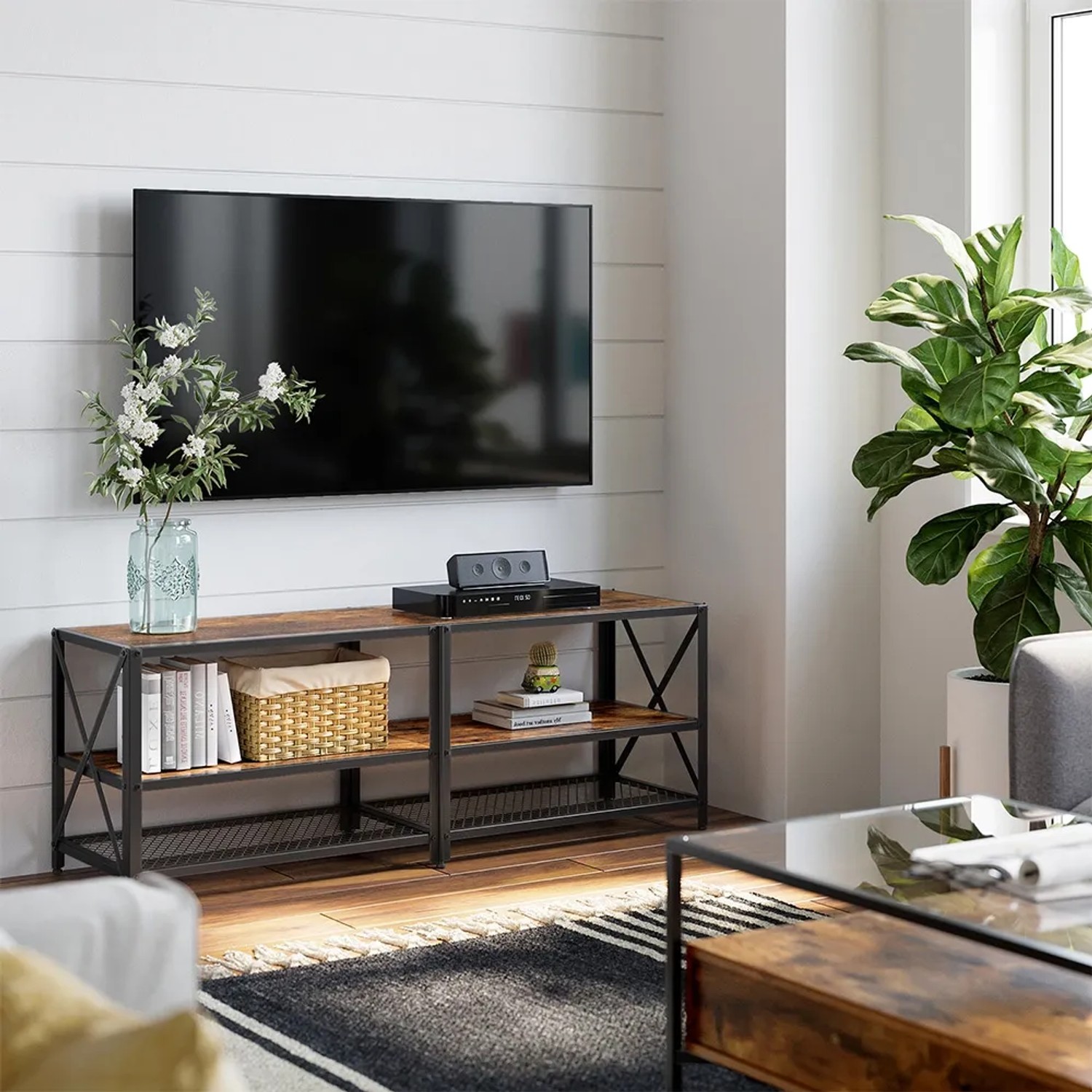 Schwebende TV-Konsole 140 Cm – Mit Tür Und Ablage, Dunkelbraun, Platzsparend