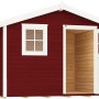 Schwedenrotes Gartenhaus mit Satteldach, offener Tür und Fenster. Holz-Gartenhaus.