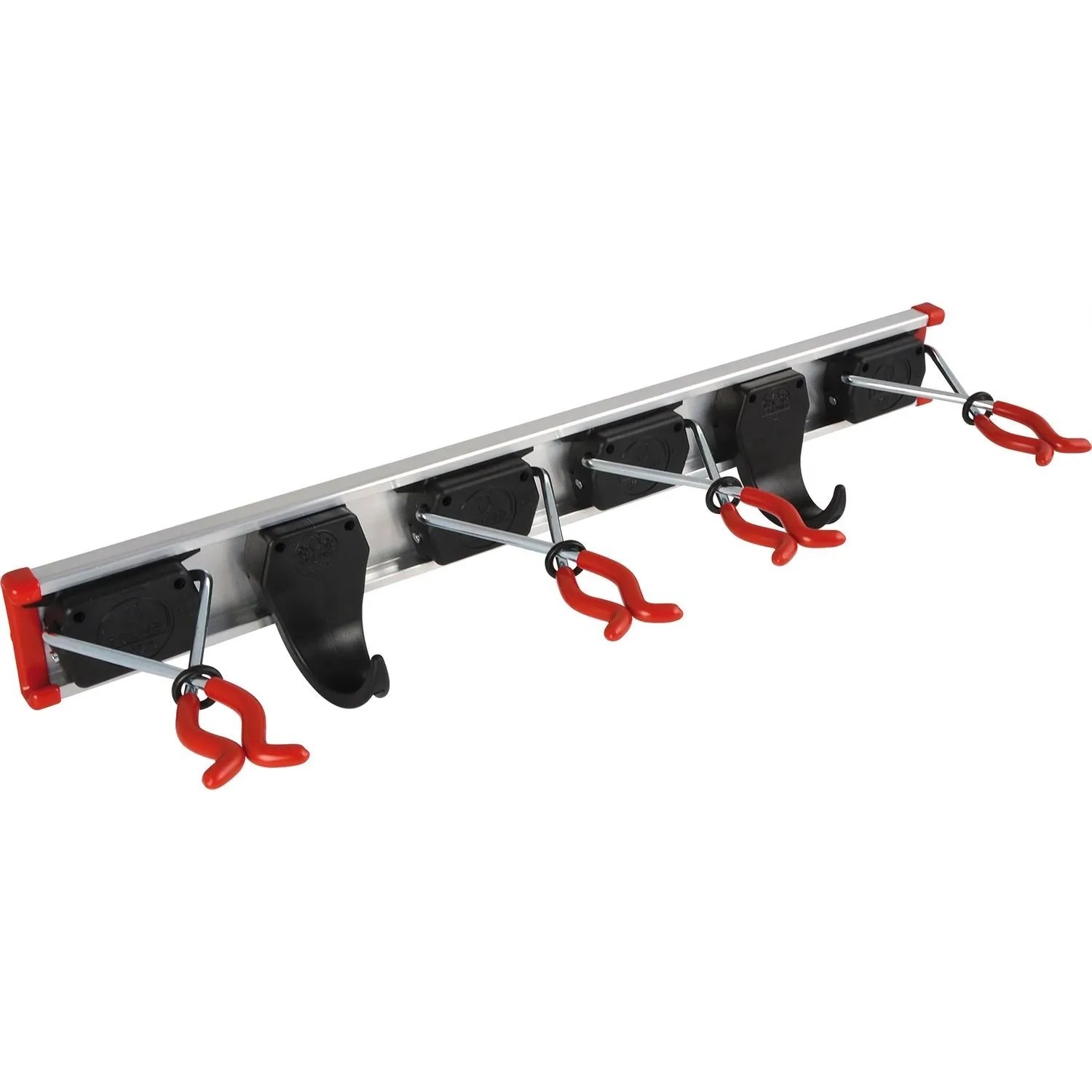 Silberne Bruns Gerätehalter-Schiene 50 cm mit 4 schwarzen Haltern und 2 Haken für Werkzeuge.