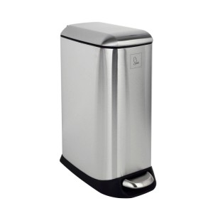 Silberner Svita TS12 Treteimer aus Edelstahl, 12l, mit Tretmechanismus, Softclose-Deckel und schwarzem Sockel.