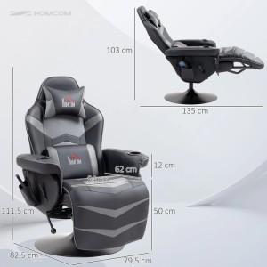 HOMCOM Relaxsessel grau/schwarz mit Massagefunktion, drehbar, Kunstleder, verstellbar, Fußstütze, Maße.