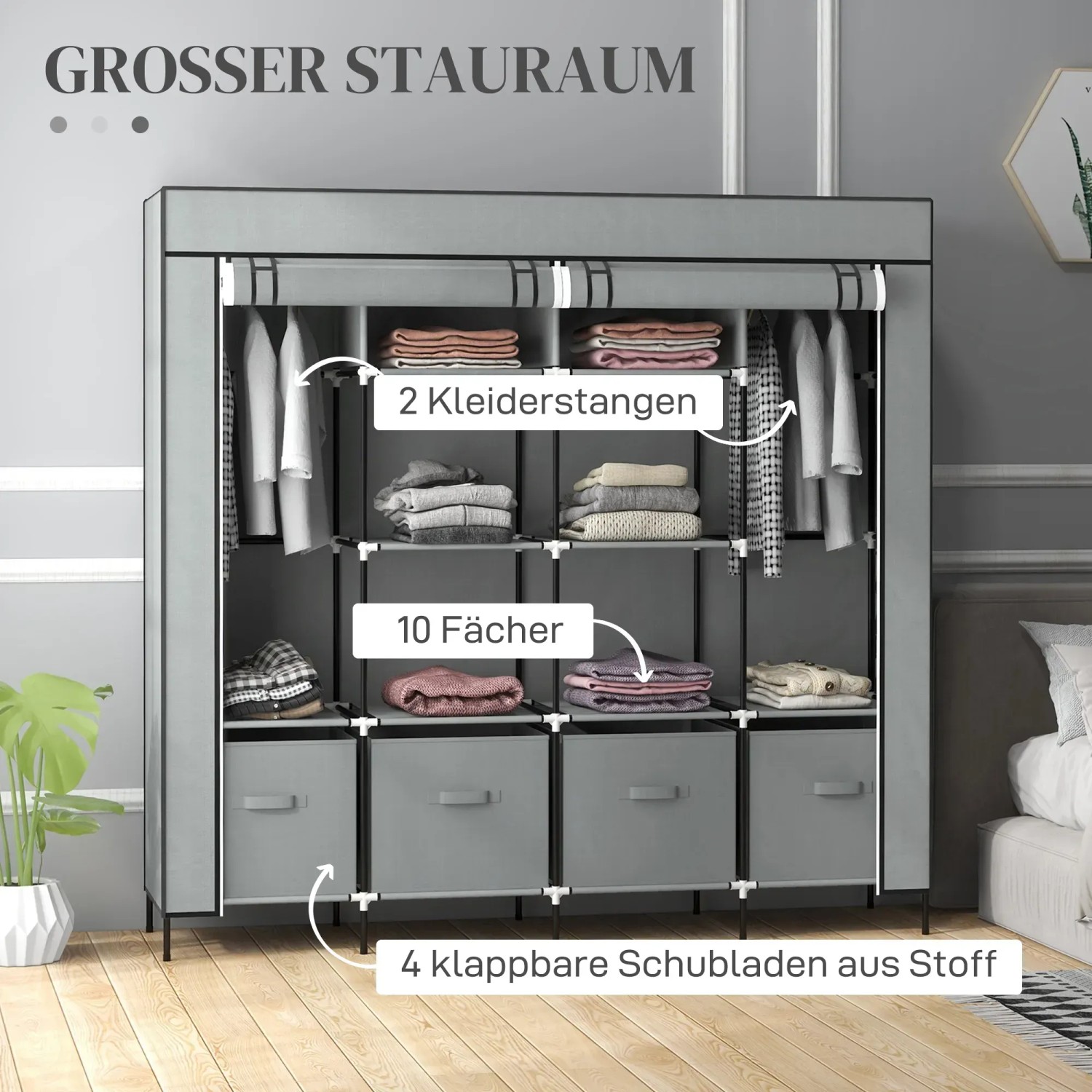 HOMCOM Stoffschrank, dunkelgrau, mit Kleiderstange, Schubladen und Fächern für viel Stauraum.