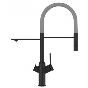 VIZIO 3-Wege Küchenarmatur in Schwarz-Matt/Grau mit schwenkbarem Auslauf und Handbrause.
