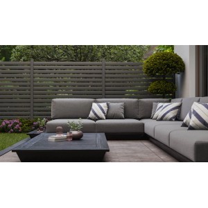 GroJa Lumino Edge Steckzaun, 180x180 cm, Anthrazit, im Garten mit Lounge-Möbeln.
