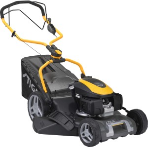 Stiga Benzin-Rasenmäher Combi 753 V mit Radantrieb, Stahlblechgehäuse, gelbe Akzente.