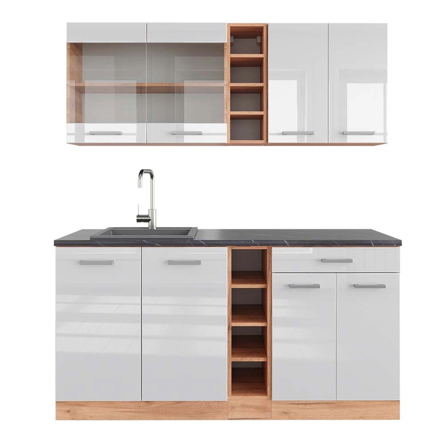 Vicco R-Line Singleküche Weiß Hochglanz/Goldkraft Eiche 160 cm AP Anthrazit günstig online kaufen