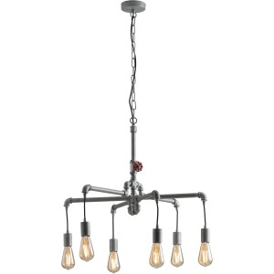 6-flammige Pendelleuchte Amarcord im Industrie-Design, Zinkfarben, Ø 72 cm.