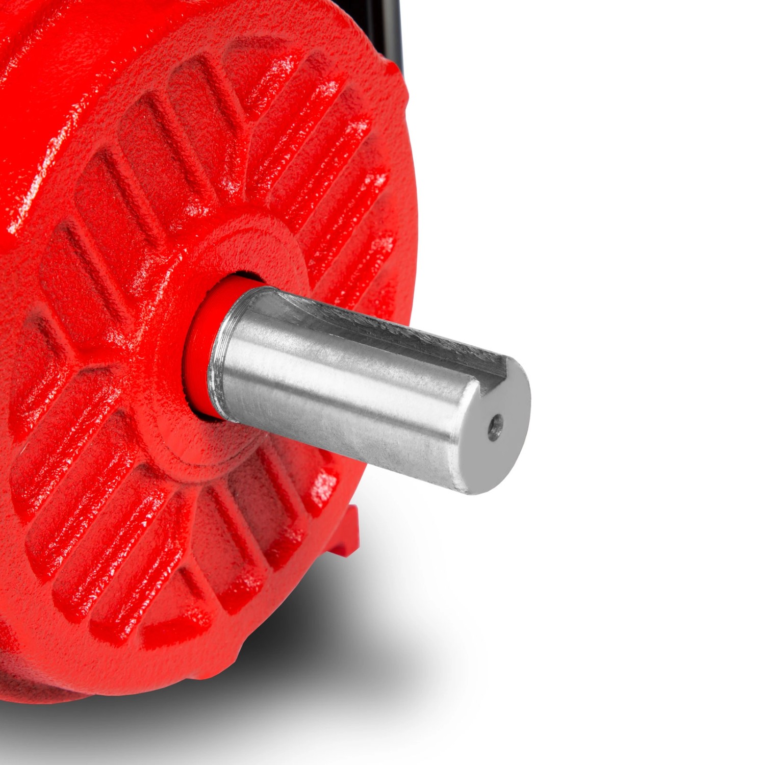 Detailaufnahme: Roter EBERTH Elektromotor (2,2kW) mit silberner Welle. Zubehör für Akkugeräte.