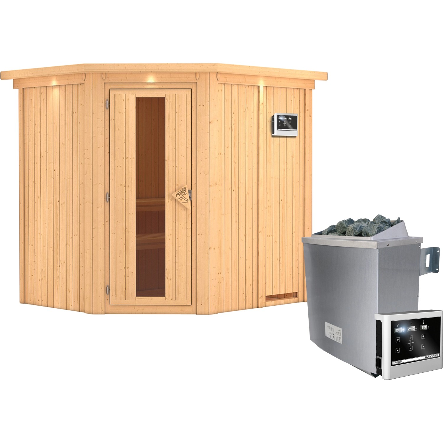 Karibu Sauna Swenna inkl. Ofen 9 kW mit ext. Strg., Dachkranz, Energiespart günstig online kaufen