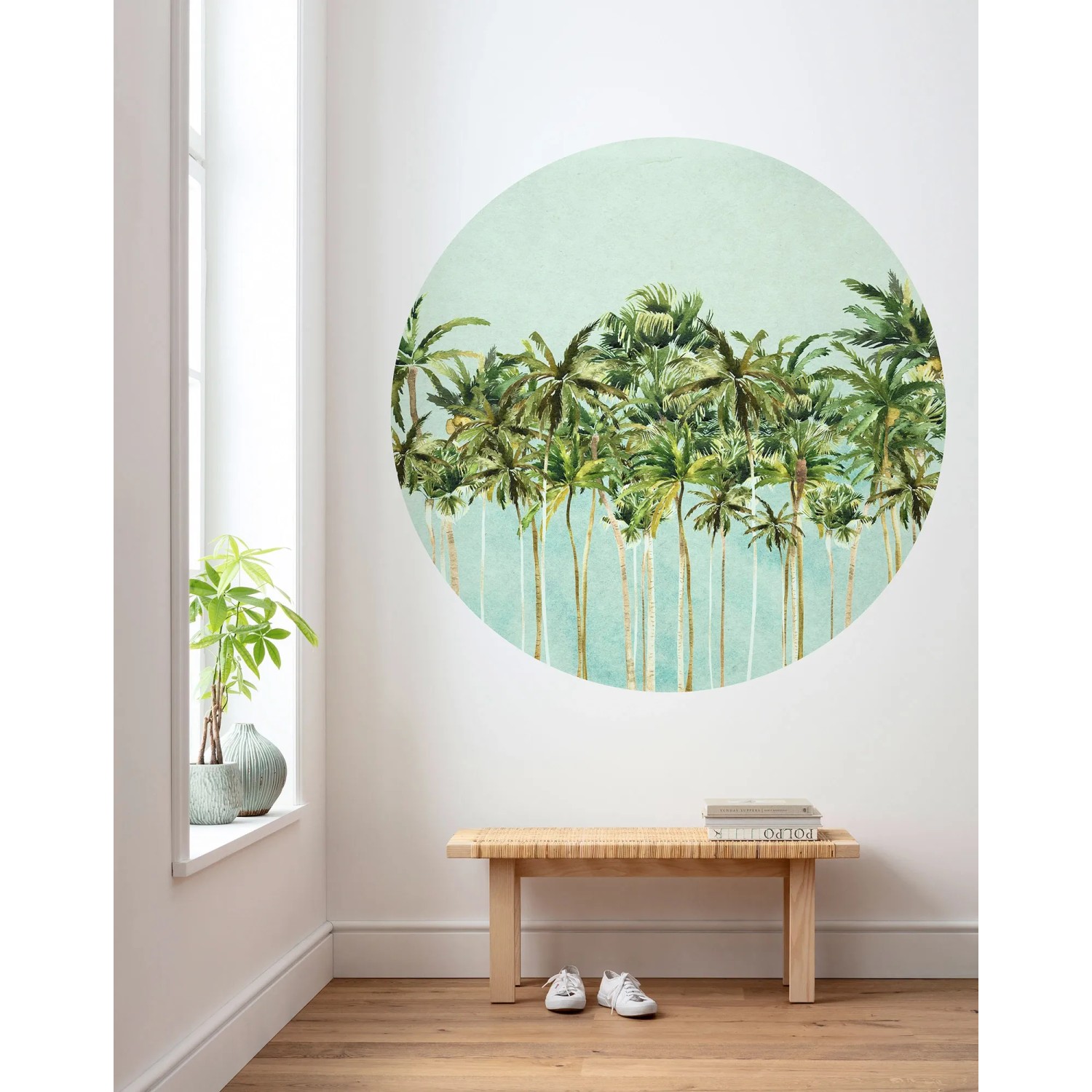 Selbstklebende, runde Vliesfototapete mit Kokospalmen Motiv, Durchmesser 125 cm.