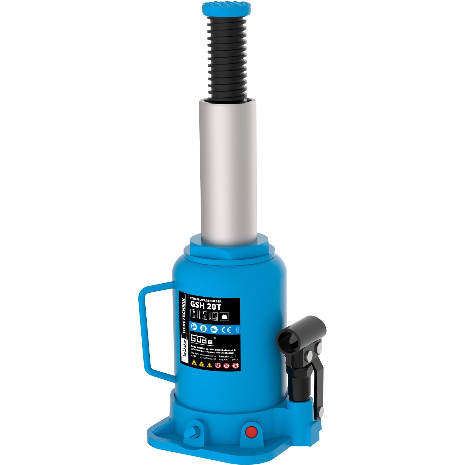 Blauer Güde Stempelwagenheber GSH 20T für Wartung & Autoreparatur, mit Stahlzylinder und Hebel.