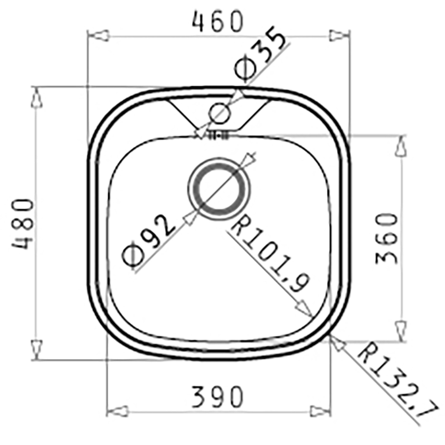 Technische Zeichnung: Pyramis Einbaubecken Kania Edelstahl mit Maßangaben für Montage.