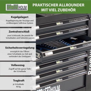 TRUTZHOLM Werkzeugwagen Premium XXL, anthrazit, mit geöffneter Schublade und Werkzeug.