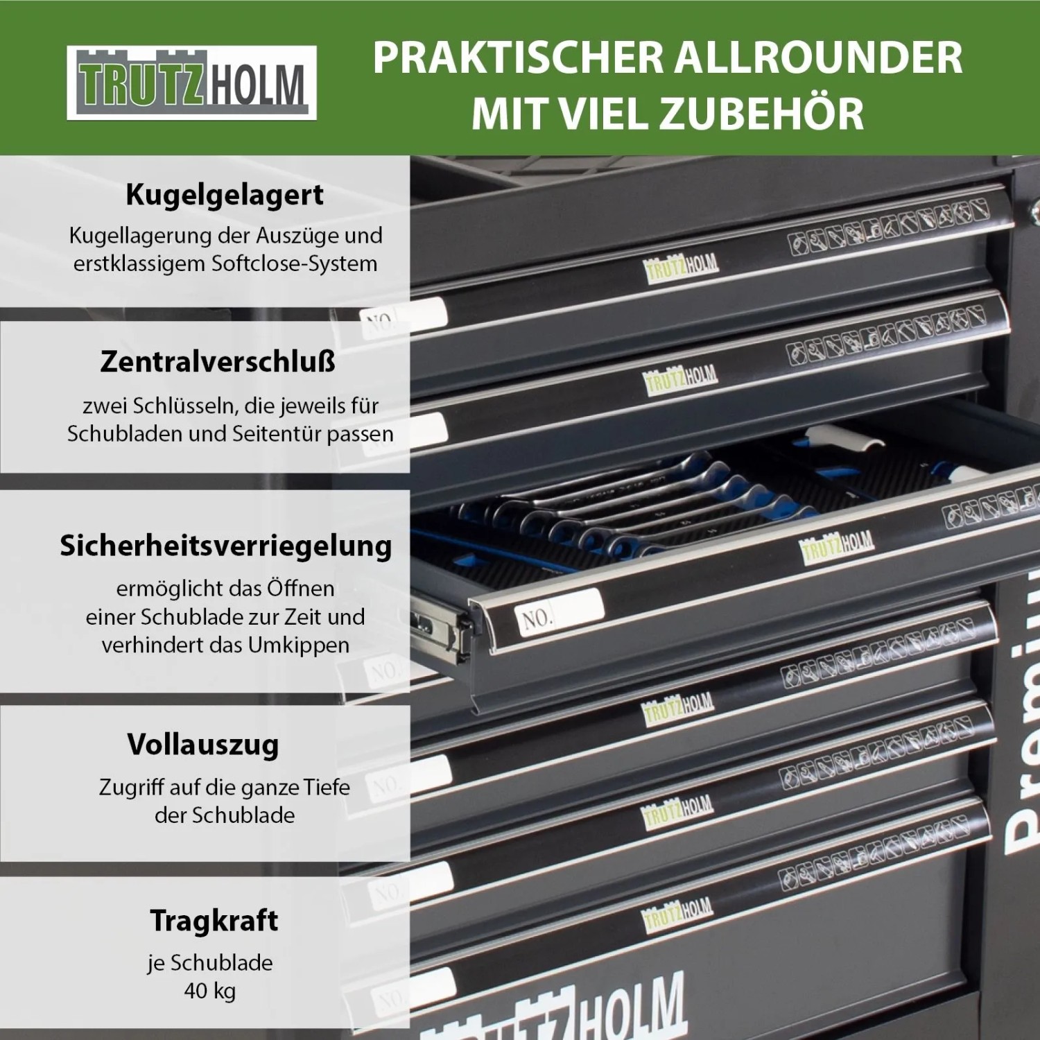 TRUTZHOLM Werkzeugwagen Premium XXL, anthrazit, mit geöffneter Schublade und Werkzeug.