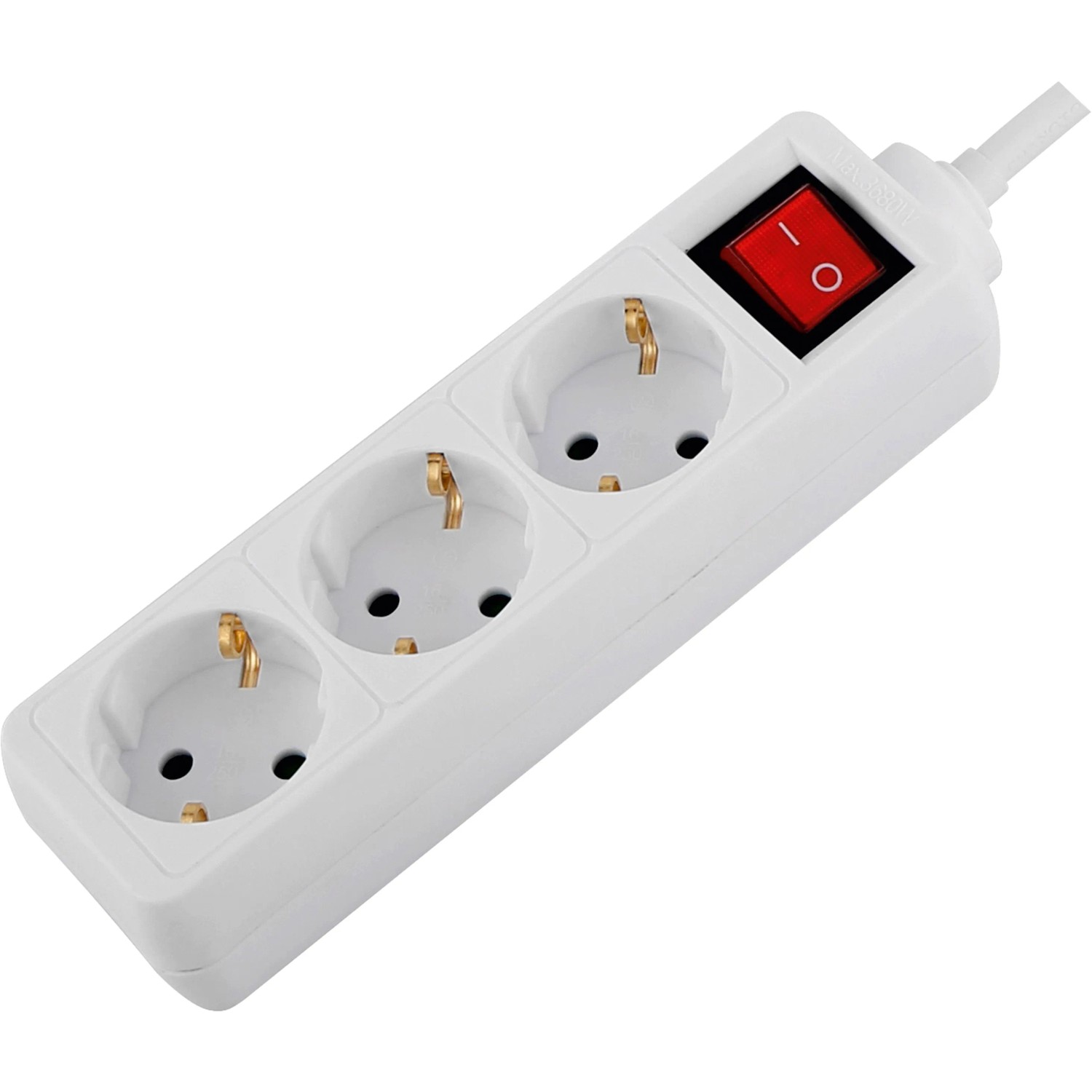 Weiße 3-fach Schutzkontakt-Tischsteckdosenleiste mit rotem Kontrollschalter im 2er-Set.