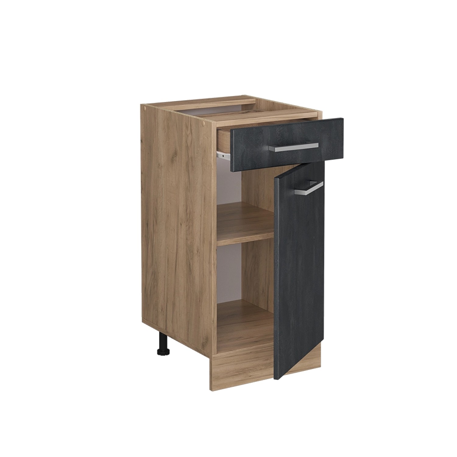 Vicco Küchenunterschrank R-Line, Schublade & Tür, Schwarz Beton/Eiche, 40 cm. Küchenschrank mit Stauraum.