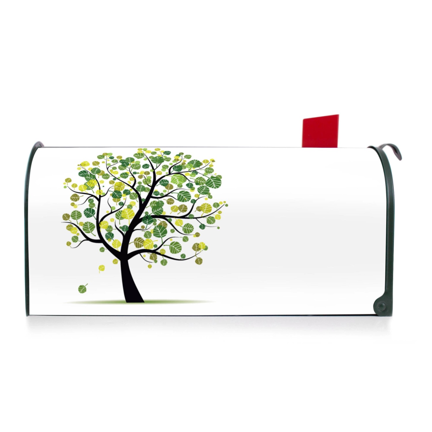 Grüner Amerikanischer Briefkasten mit Laubzauberbaum Motiv. US Mailbox für Wand- oder Standmontage.