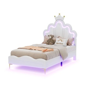 Kinderbett Polsterbett 90x200cm Prinzessinnenbett mit Krone LED Kunstleder in Weiß