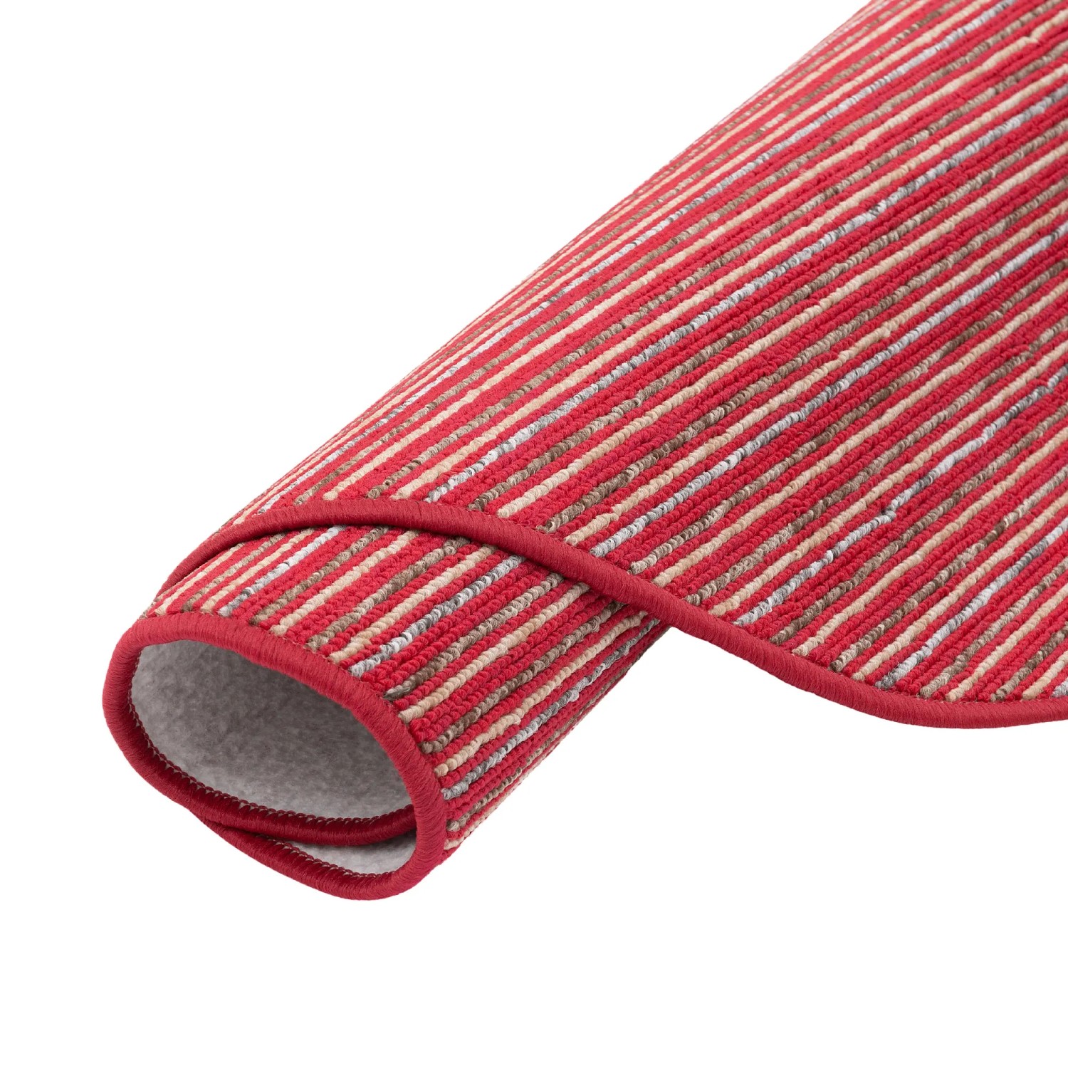Gerollter, runder Streifenberber Teppich Marta in Rot, 200cm Durchmesser.