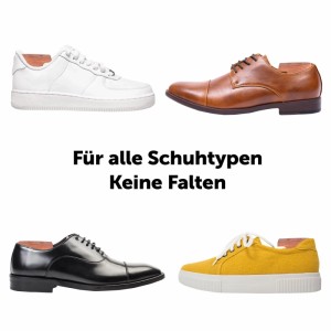 Blumtal Zedernholz Schuhspanner in weißen Sneakern, braunen und schwarzen Businessschuhen sowie gelben Freizeitschuhen. Hält Schuhe faltenfrei.