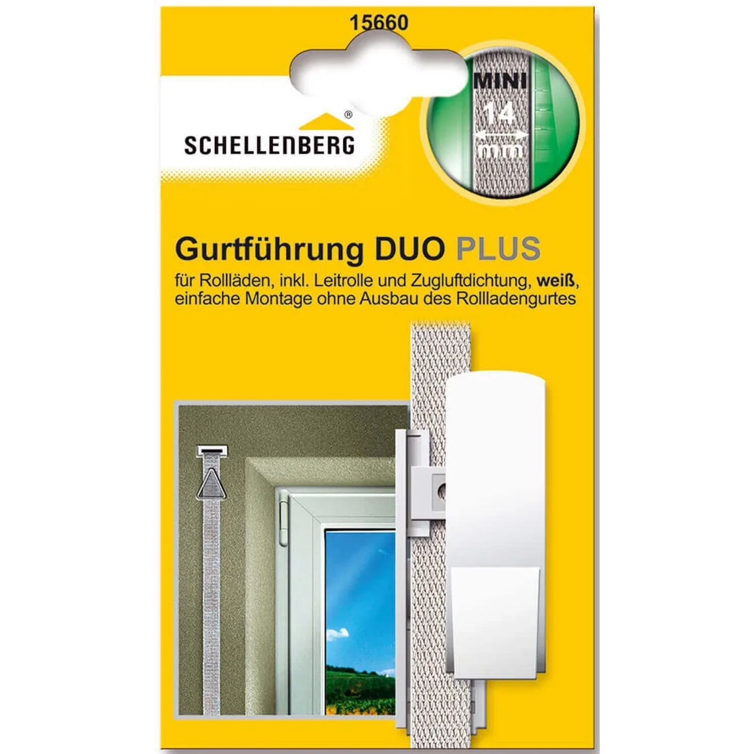 Schellenberg Gurtführung Duo Plus Mini, weiß, für Rollläden mit Zugluftdichtung und Gurtleitrolle.