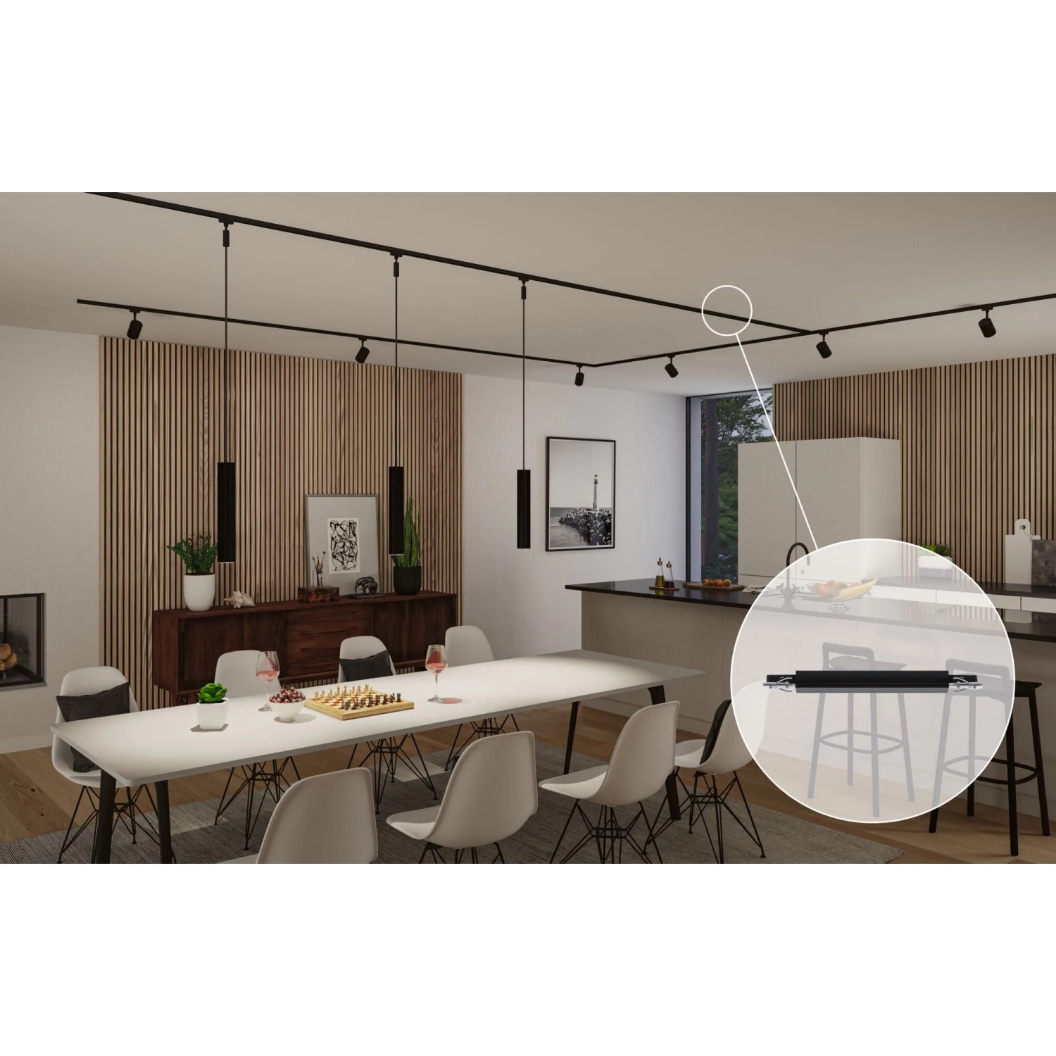Schwarzer Paulmann URail Schienenadapter Zigbee 3.0 für dimmbare LED-Schienensysteme, 24 cm, in moderner Küche.