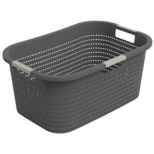 Anthrazitfarbener Rotho Wäschekorb Country (40 l) mit Rattanstruktur und Tragegriffen.