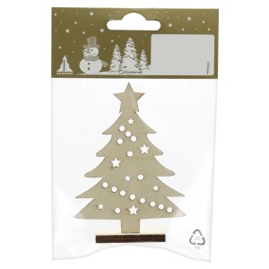 Deko-Weihnachtsbaum aus Holz, 9cm hoch, naturfarben mit Sternen und Punkten, Weihnachtsdekoration.