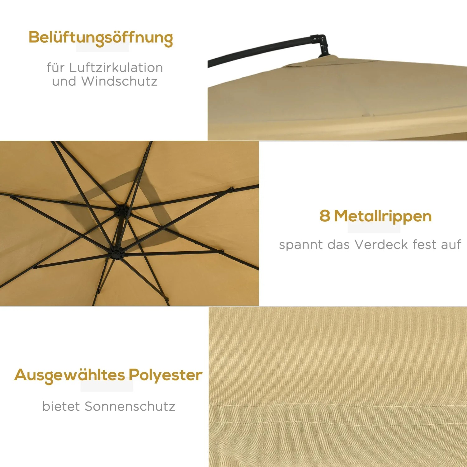 Detailansicht Outsunny Gartenschirm: Belüftung, Metallrippen, Polyesterstoff in Beige.