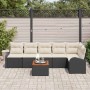 Schwarzes vidaXL Garten-Sofa-Set, 7-teilig, mit weißen Kissen und Tisch auf einer Terrasse.