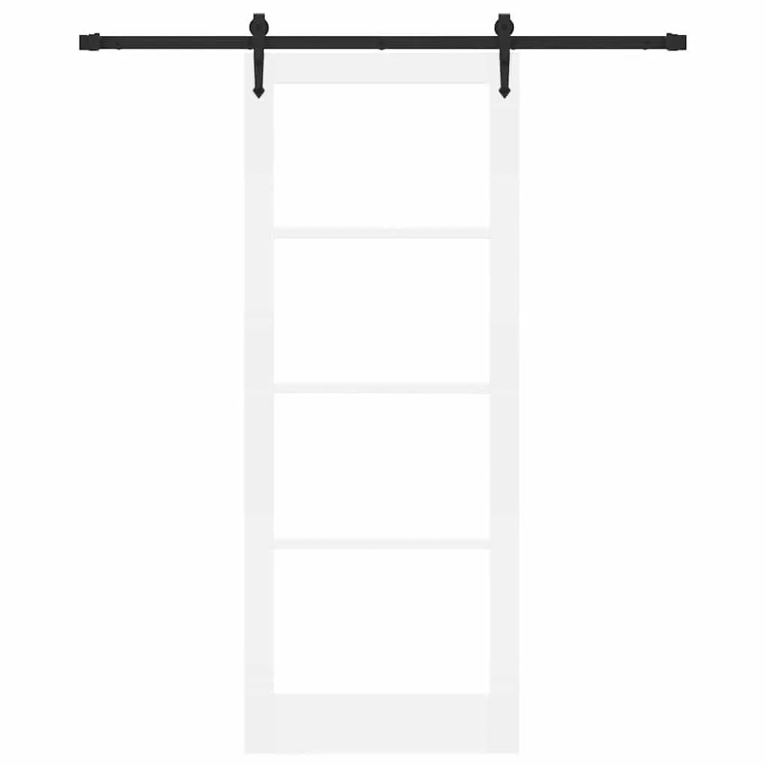 Weiße Schiebetür aus Massivholz Kiefer mit 4 Glasfeldern und schwarzem Schienensystem. Platzsparend, lichtdurchlässig.